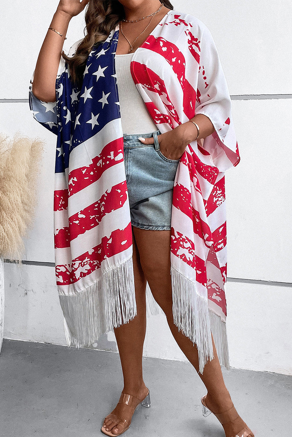 Multicolor Plus Size American Flag Tasseled 3/4 Sleeve Cardigan