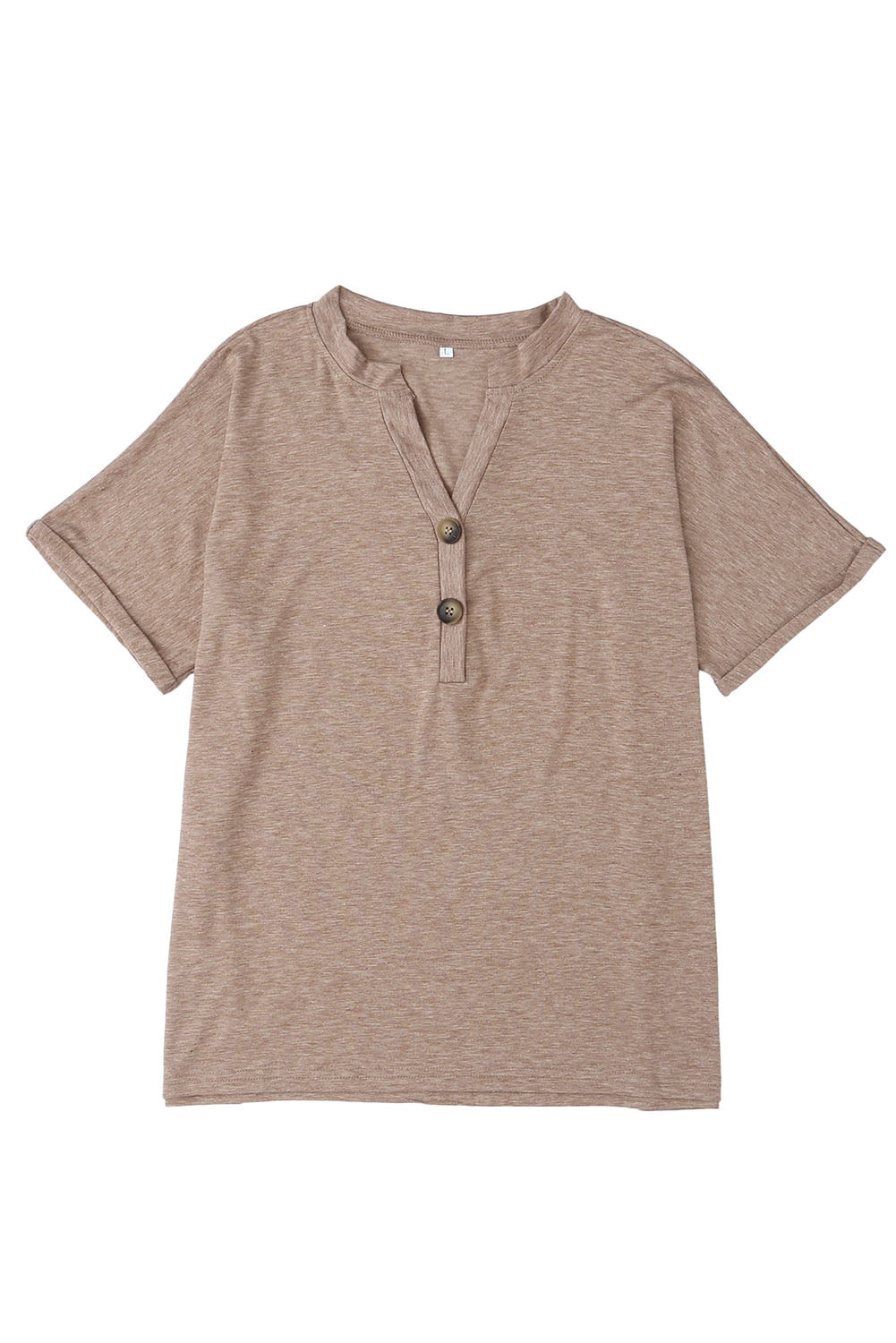 Khaki Button V Neck Rolled Sleeve T Shirt