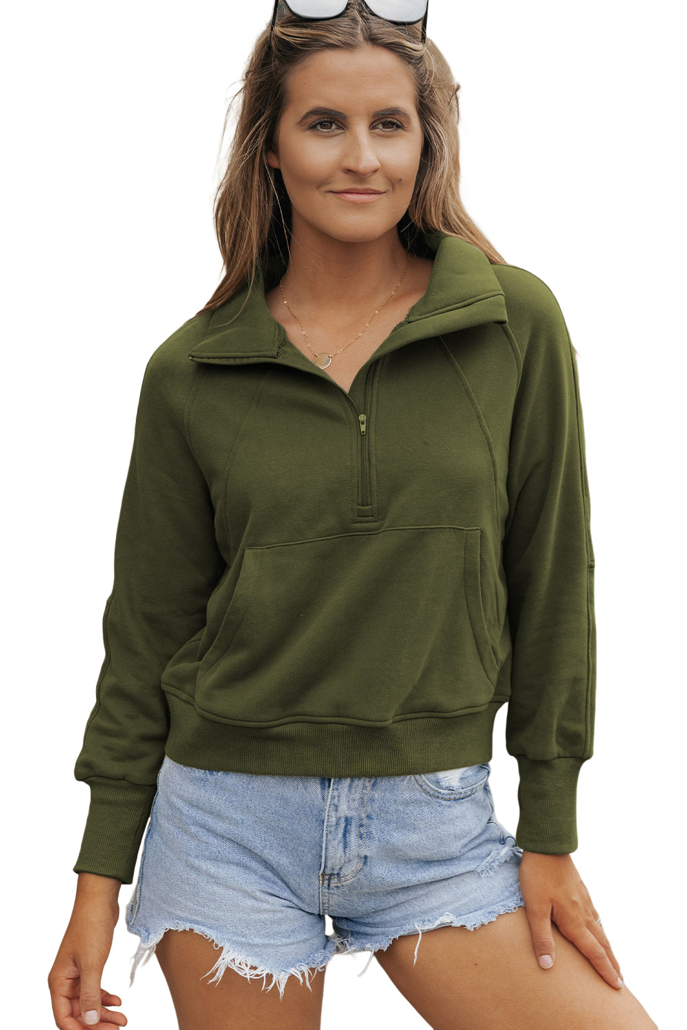 Green Zip Up Stand Collar Ribbed Thumbhole Sleeve Sweatshirt