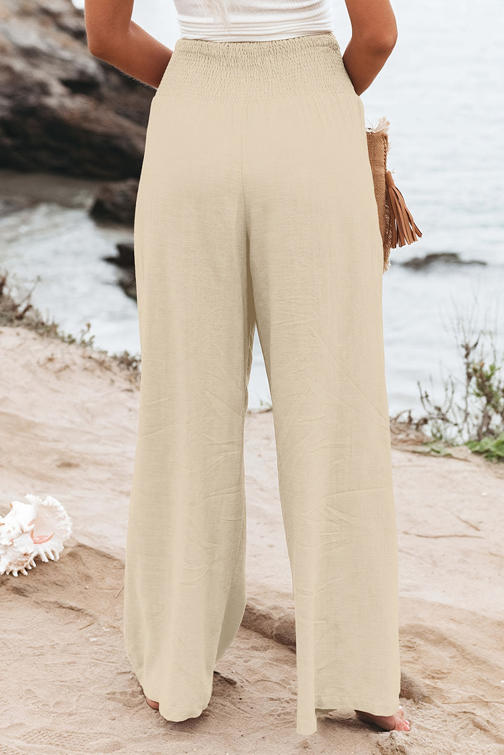 Black Smocked Wide Waistband High Waist Wide Leg Pants