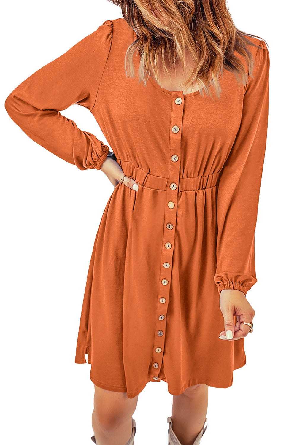 Red Button Up High Waist Long Sleeve Dress