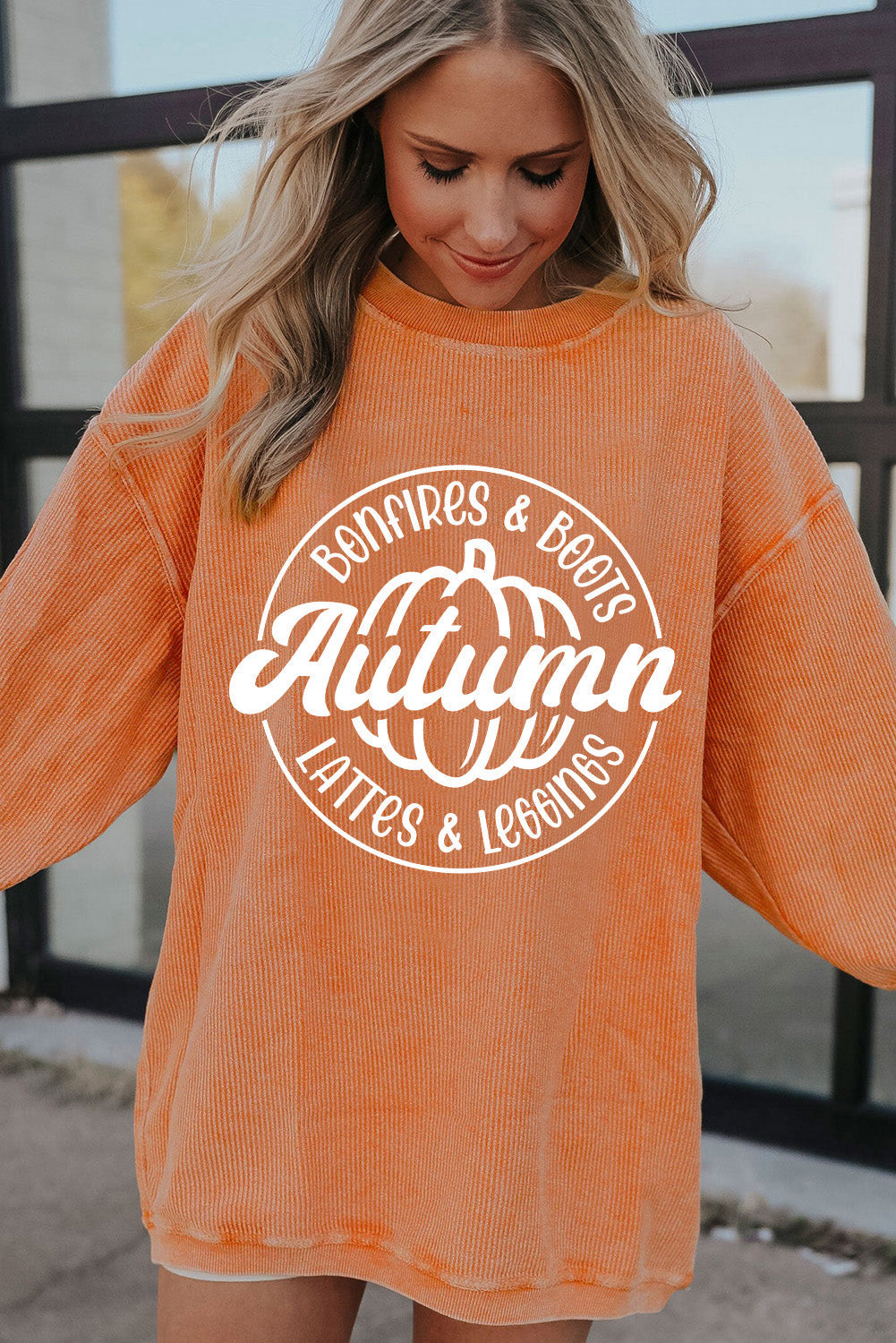 Orange Autumn Pumpkin Graphic Print Corded Oversized Sweatshirt