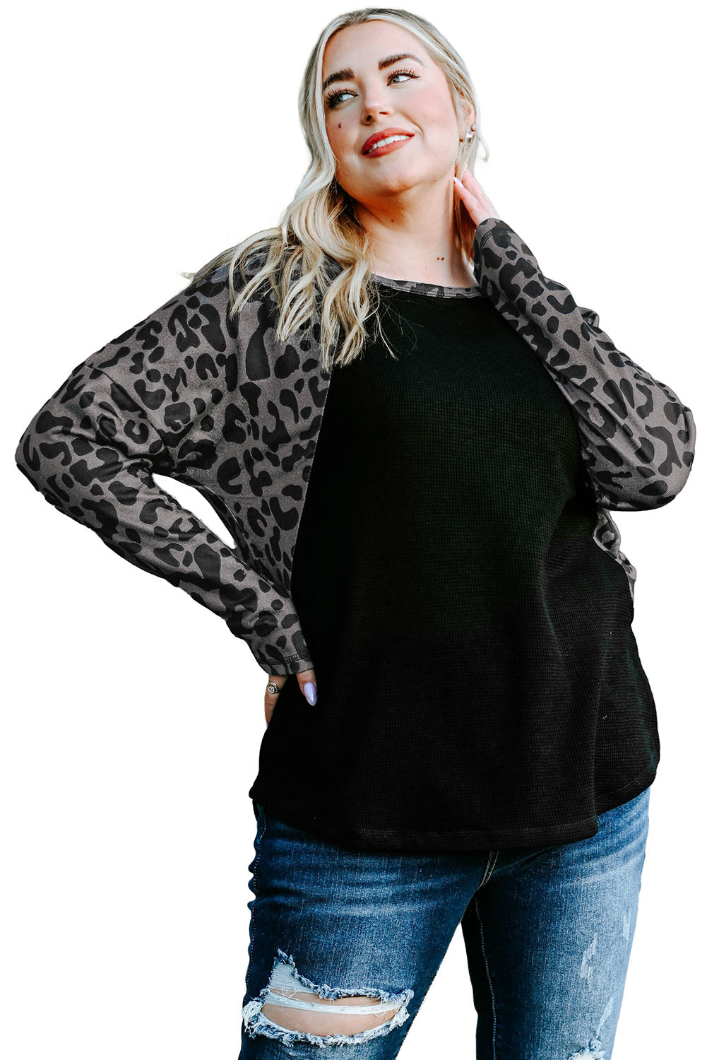 Black Leopard Raglan Sleeve Waffle Knit Plus Size Top