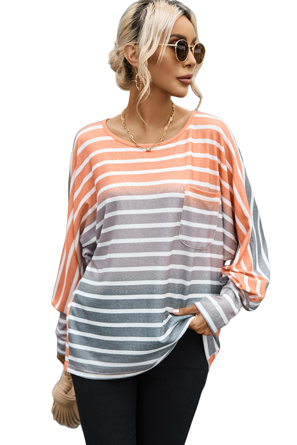 Stripe Gradient Chest Pocket Long Sleeve Top