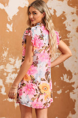 Pink Notched Neck Ruffle Floral Dress