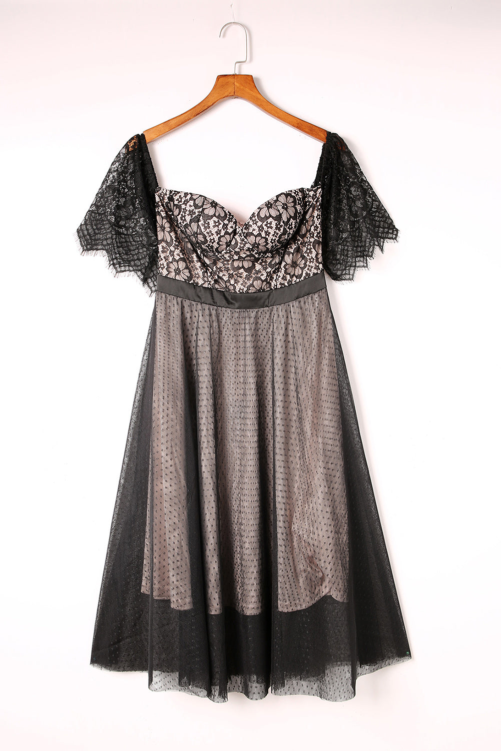 Black Dotted Lace Mesh Off Shoulder Dress