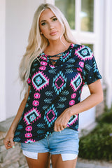 Black Western Fashion Aztec Print Crisscross V Neck Top