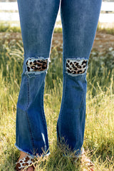 Leopard Patchwork Bell Bottom Jeans With Frayed Hem