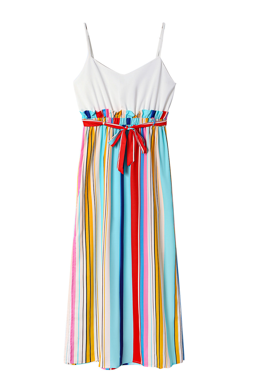 Stripe Splicing Paperwaist Spaghetti Straps Maxi Dress