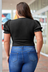 Black Plus Size Ribbed Knit Puff Sleeve Bodysuit