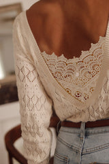 Beige Buttoned Lace Patchwork Hollow Knit Sweater