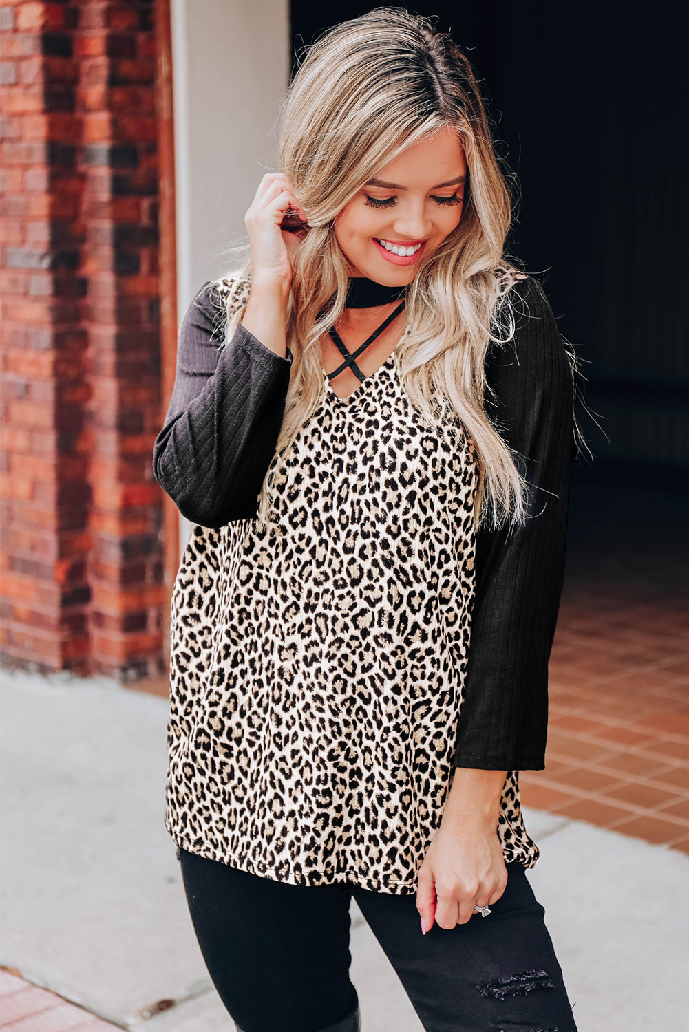 Leopard Choker Crisscross Contrast 3/4 Sleeve Leopard Print Top