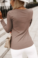 Khaki Ribbed Knit Patched Chest Pocket V Neck Top