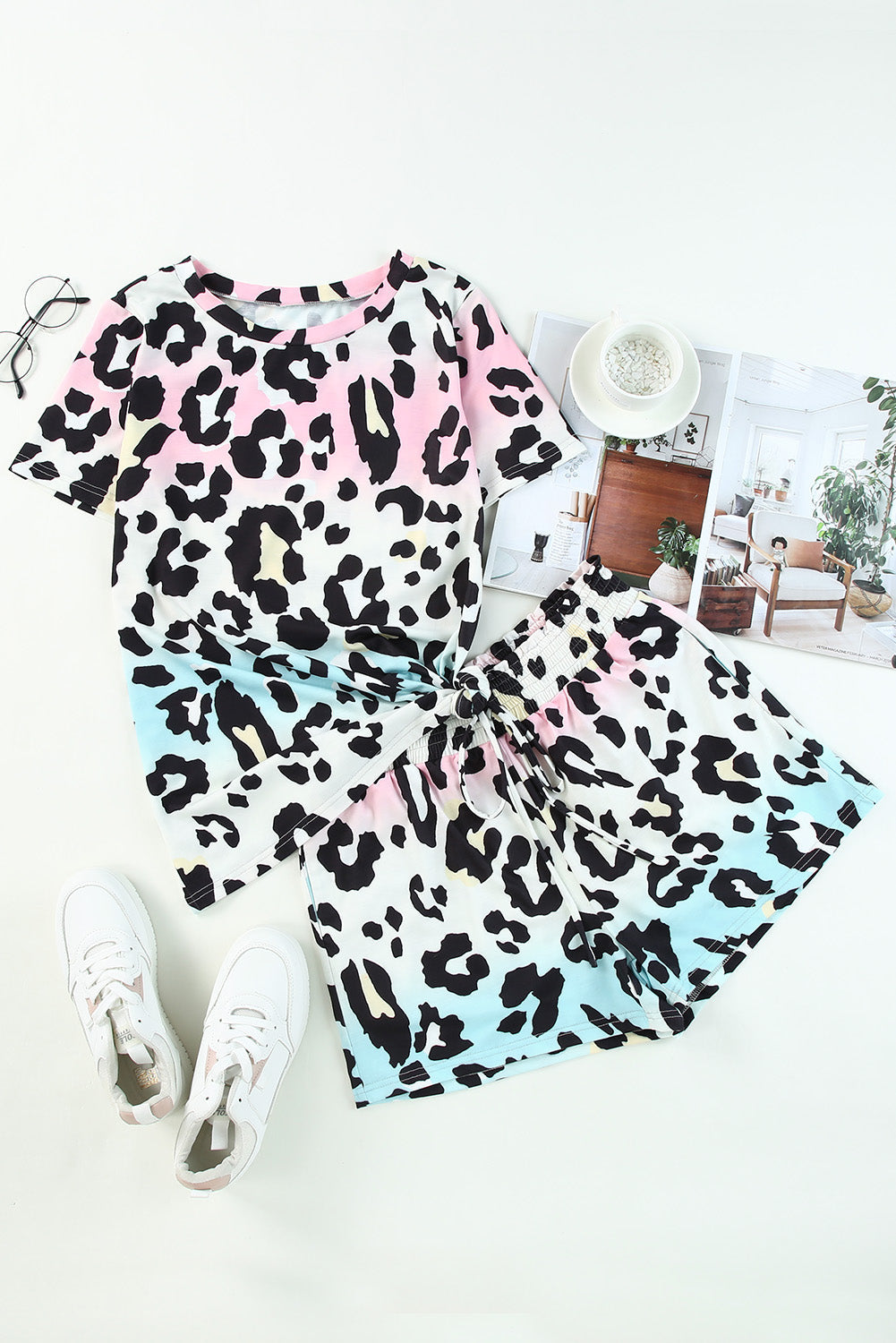 Leopard Tie Dye Print Short Sleeve Lace-up Waist Plus Size Lounge Set