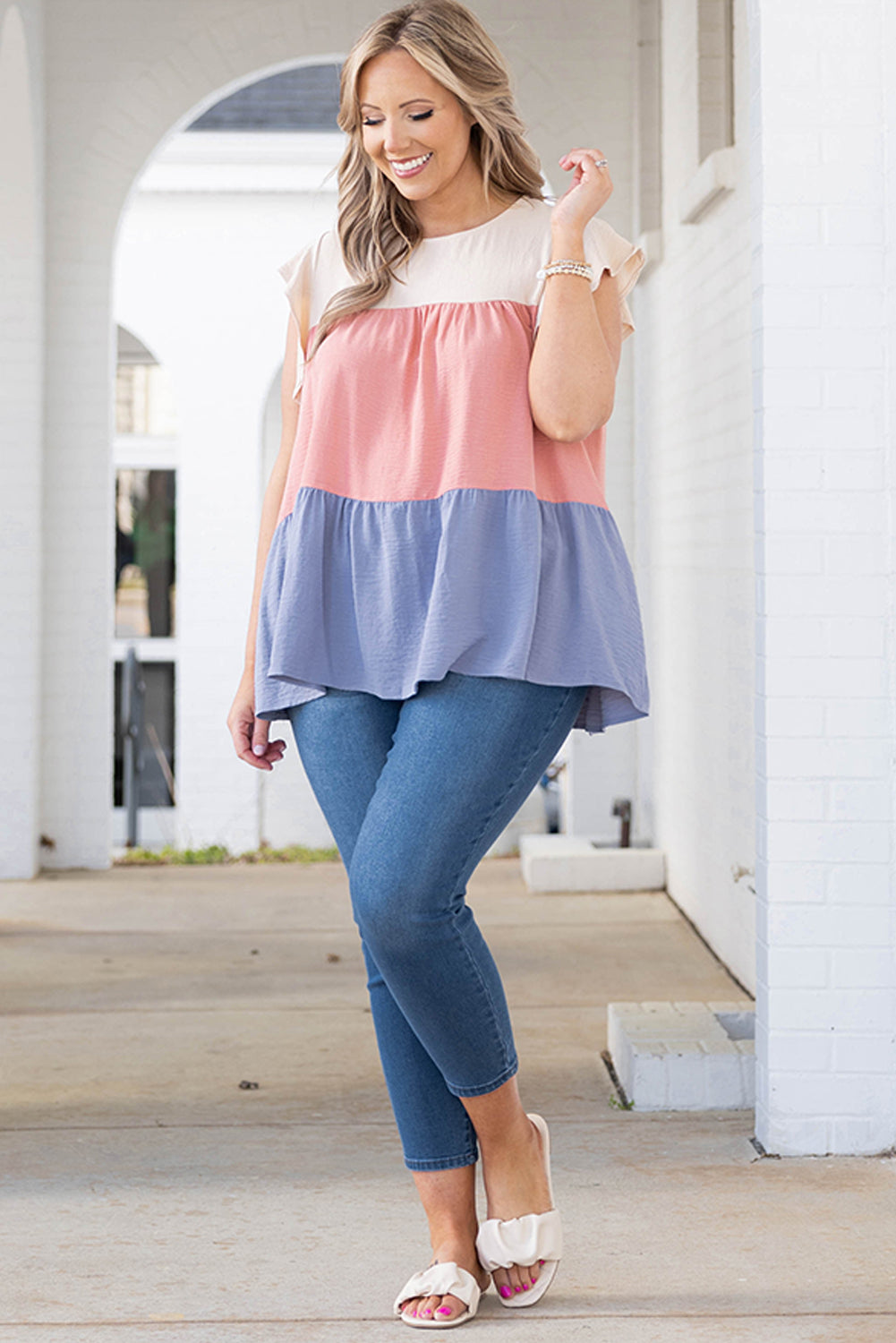 Pink Plus Size Colorblock Ruffle Flowy Top