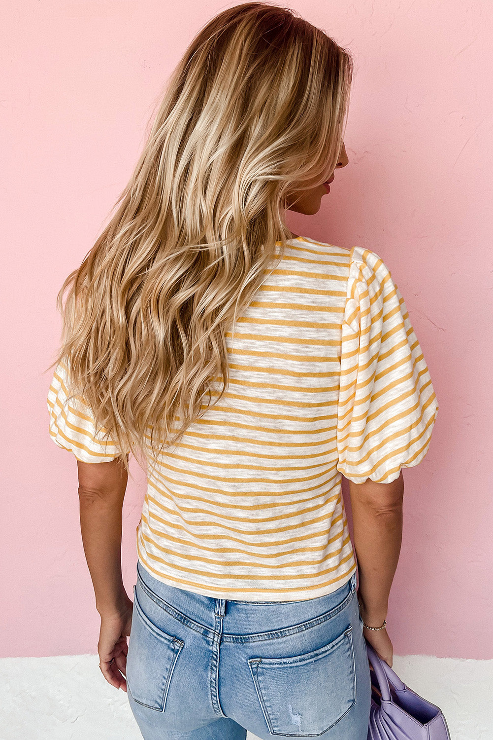 Stripe Square Neck Bubble Sleeve Top