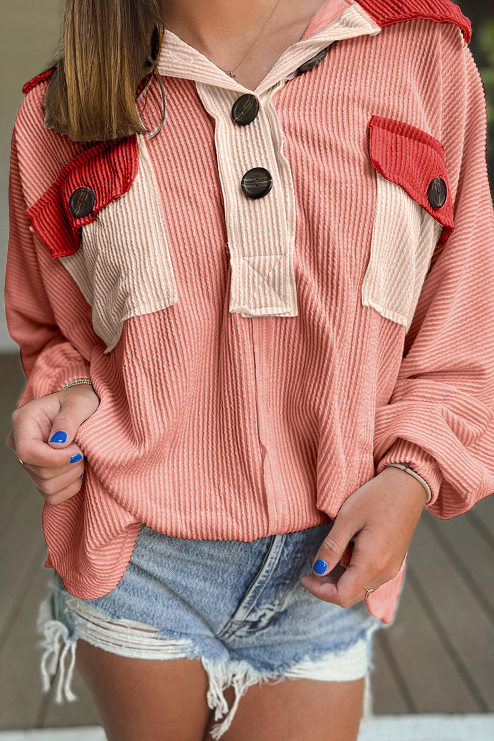 Colorblock Corduroy Chest Pocket Buttoned Top