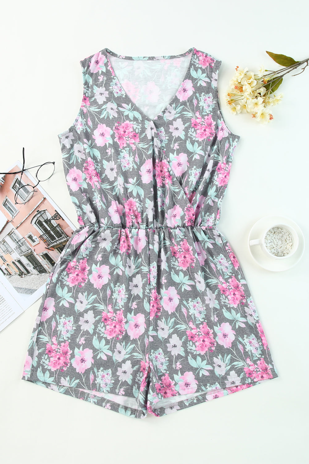 Gray Vintage Wash Floral Print Sleeveless Romper