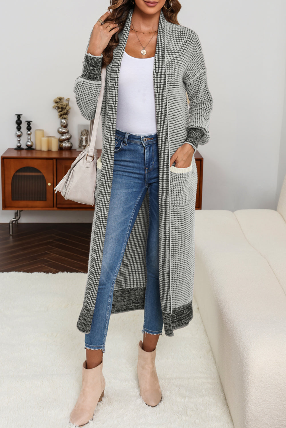 Grey Plaid Contrast Trim Open Front Cardigan