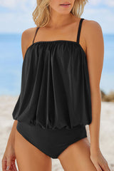 Black Draped Spaghetti Straps One-piece Swimwear