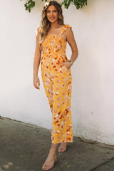 Yellow Floral Print Ruffle Shoulder Smocked Wide Leg Jumpsuit