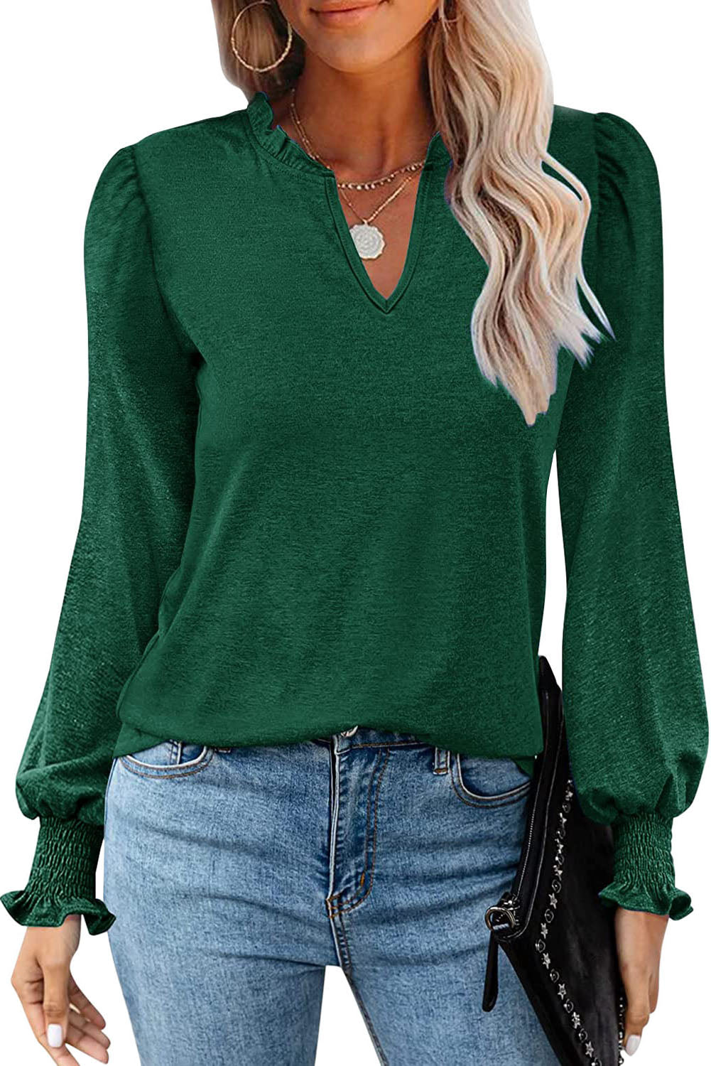 Black Frill V Neck Puff Long Sleeve Top