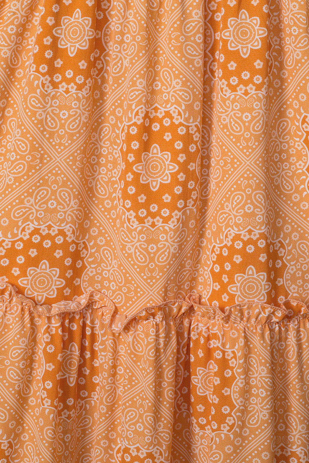 Orange Boho Floral Print Lace-up Straps Tiered Smocked Maxi Dress