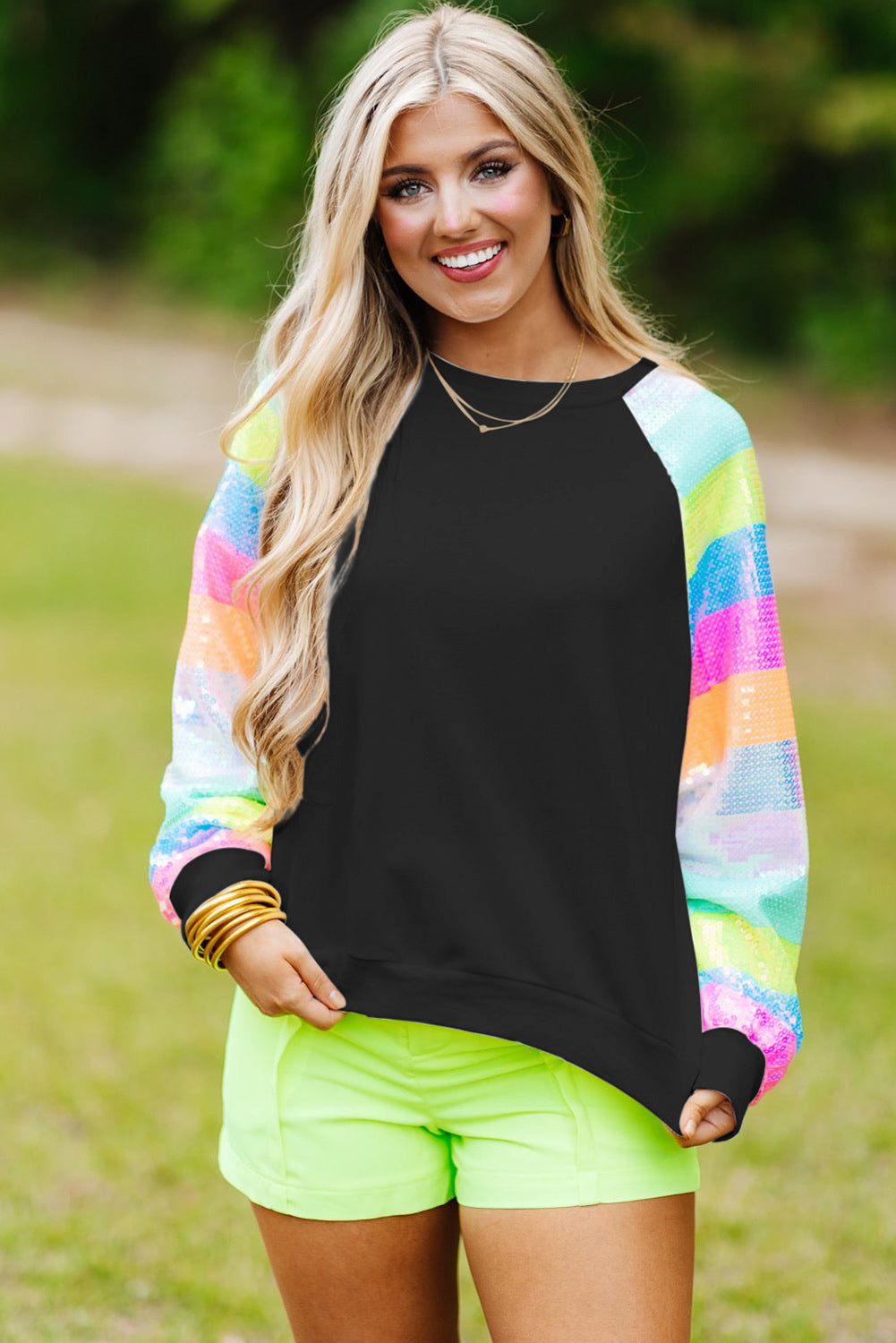 White Sequin Color Block Raglan Sleeve Pullover Sweatshirt