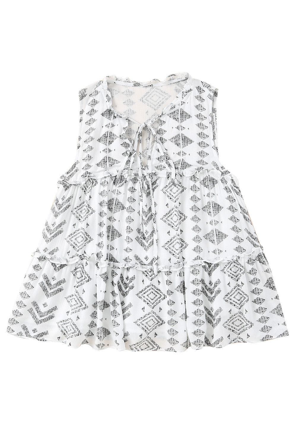 White Tribal Geometric Print Tiered Frilled V Neck Tank Top