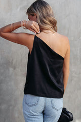 Black Satin One Shoulder Loose Tank Top