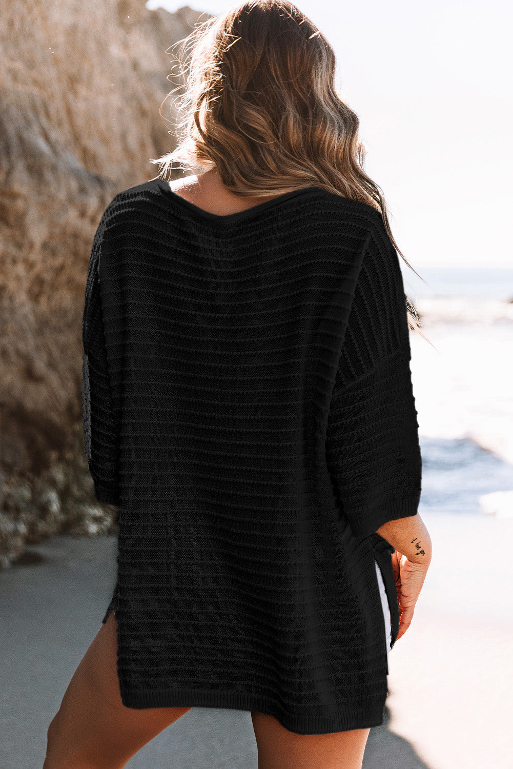 Apricot Textured Knit Drop Shoulder Tee