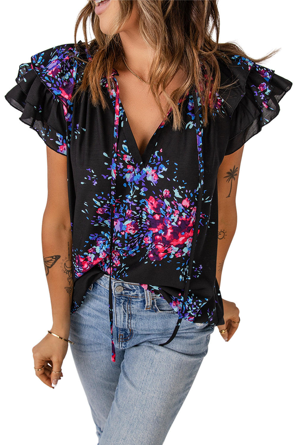 Black Butterfly Sleeves Split V Neck Tie-dye Print Blouse