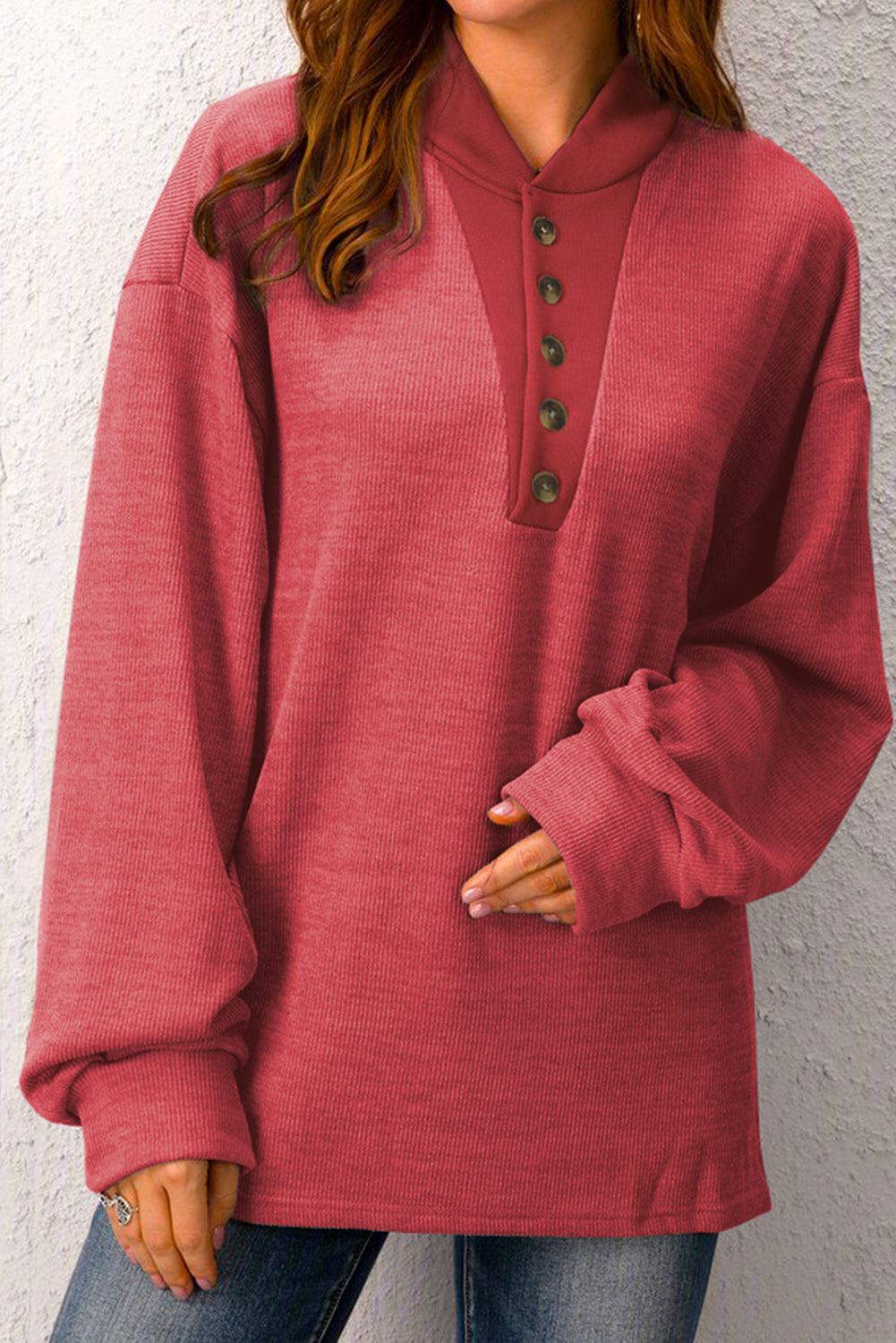 Red Plain Buttoned Henley Sweatshirt