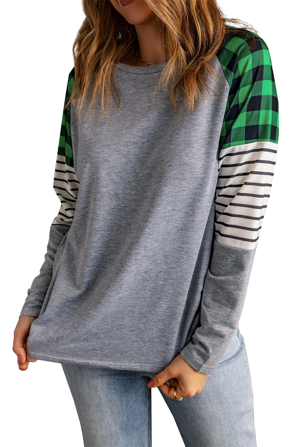 Green Buffalo Plaid & Stripe Splicing Long Sleeve Top