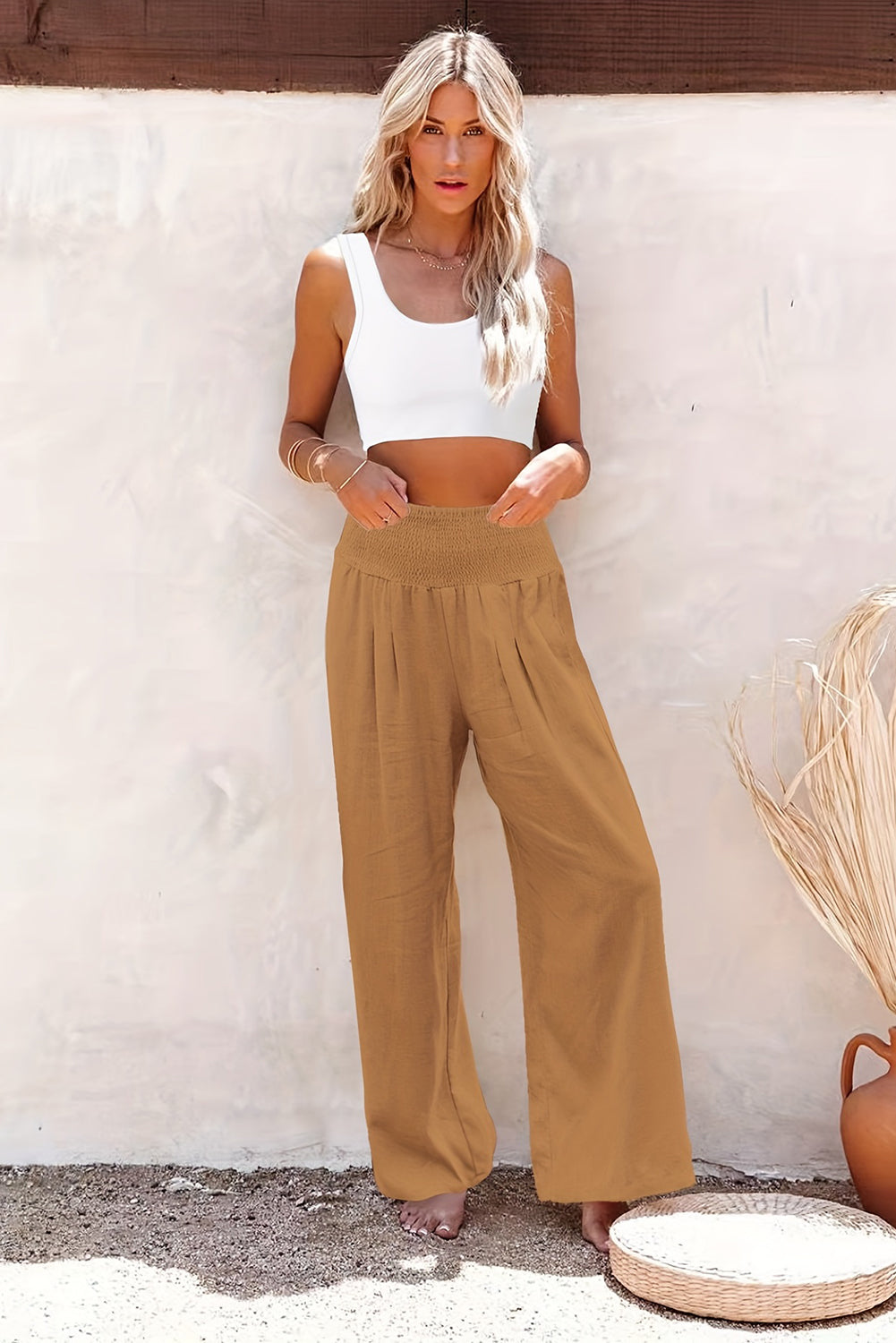Black Smocked Wide Waistband High Waist Wide Leg Pants