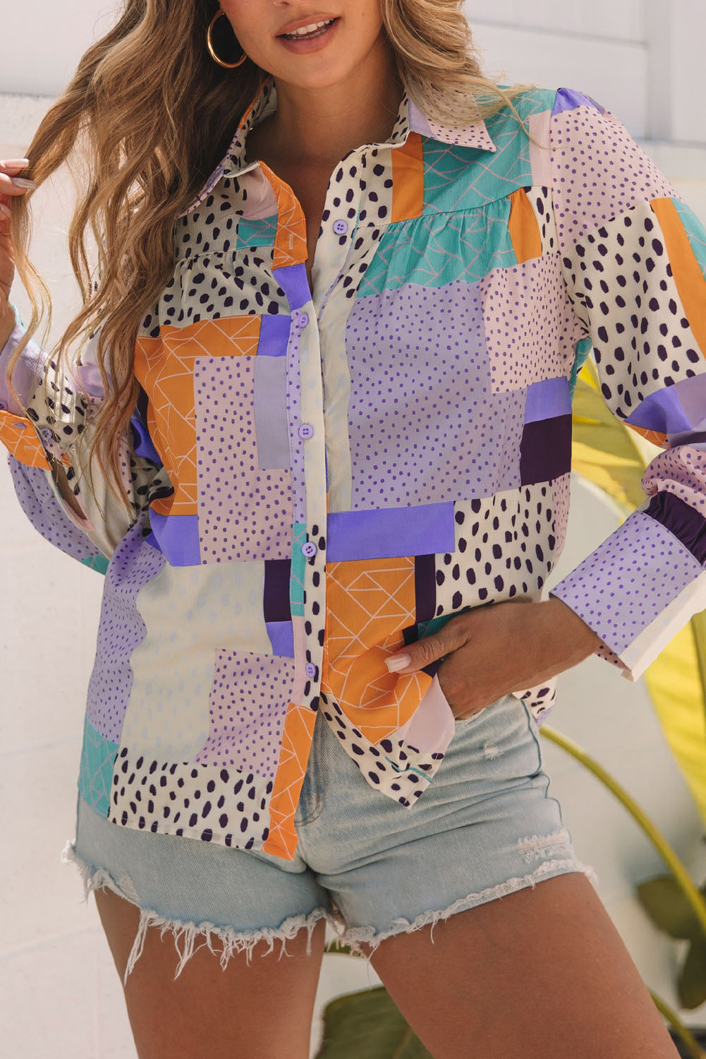 Multicolor Mixed Print Button Front Cuffed Sleeve Shirt