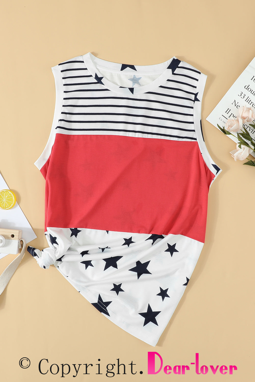 White Patriotic Stripes Stars Print Sleeveless Plus Size Top