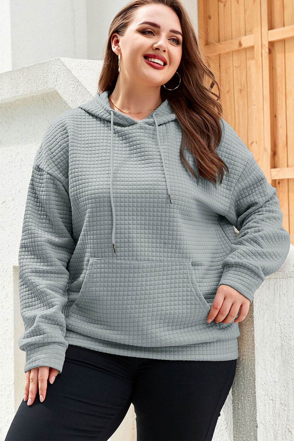 Gray Quilted Kangaroo Pocket Drawstring Hoodie