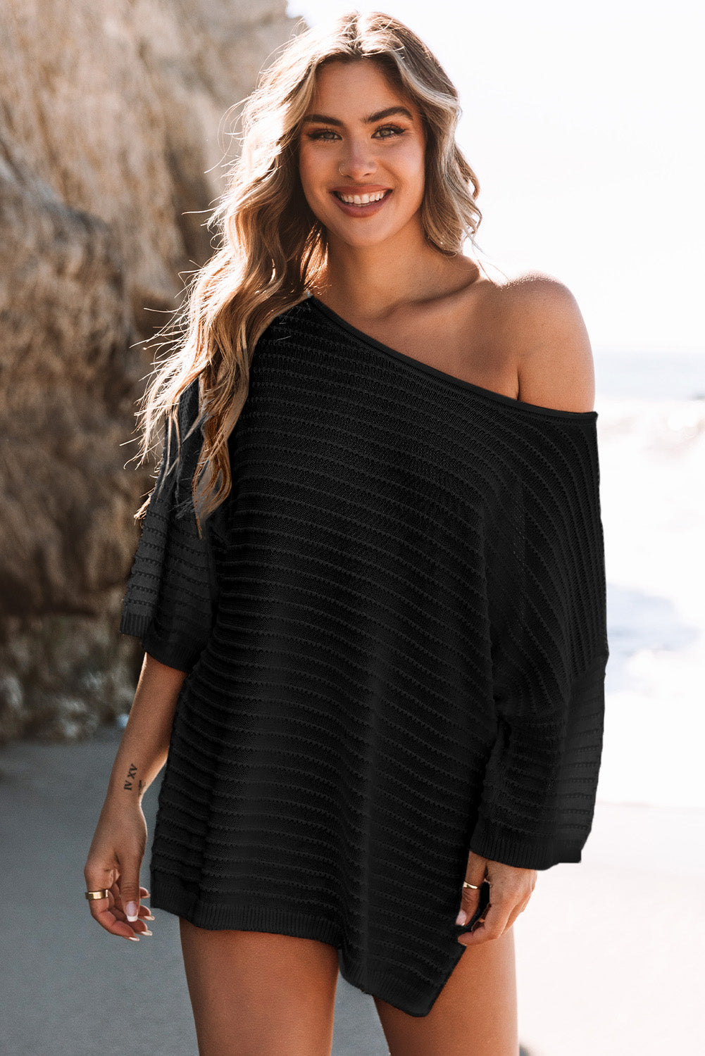 Apricot Textured Knit Drop Shoulder Tee