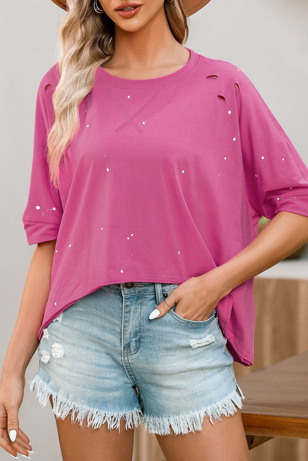 Pink Distressed Bleached Asymmetric Hem Short Sleeve Top