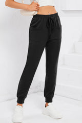 Black Drawstring Waist Front Patch Pockets Jogger Pants