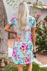 Sky Blue Short Sleeve High Waist Floral T-shirt Dress