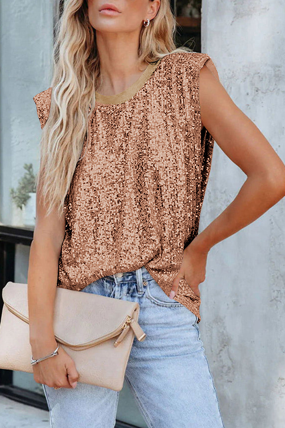 Black Apricot Sequin Round Neck Tank Top