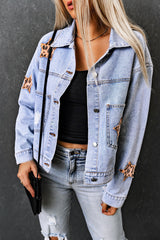 Sky Blue Leopard Star Distressed Cropped Denim Jacket