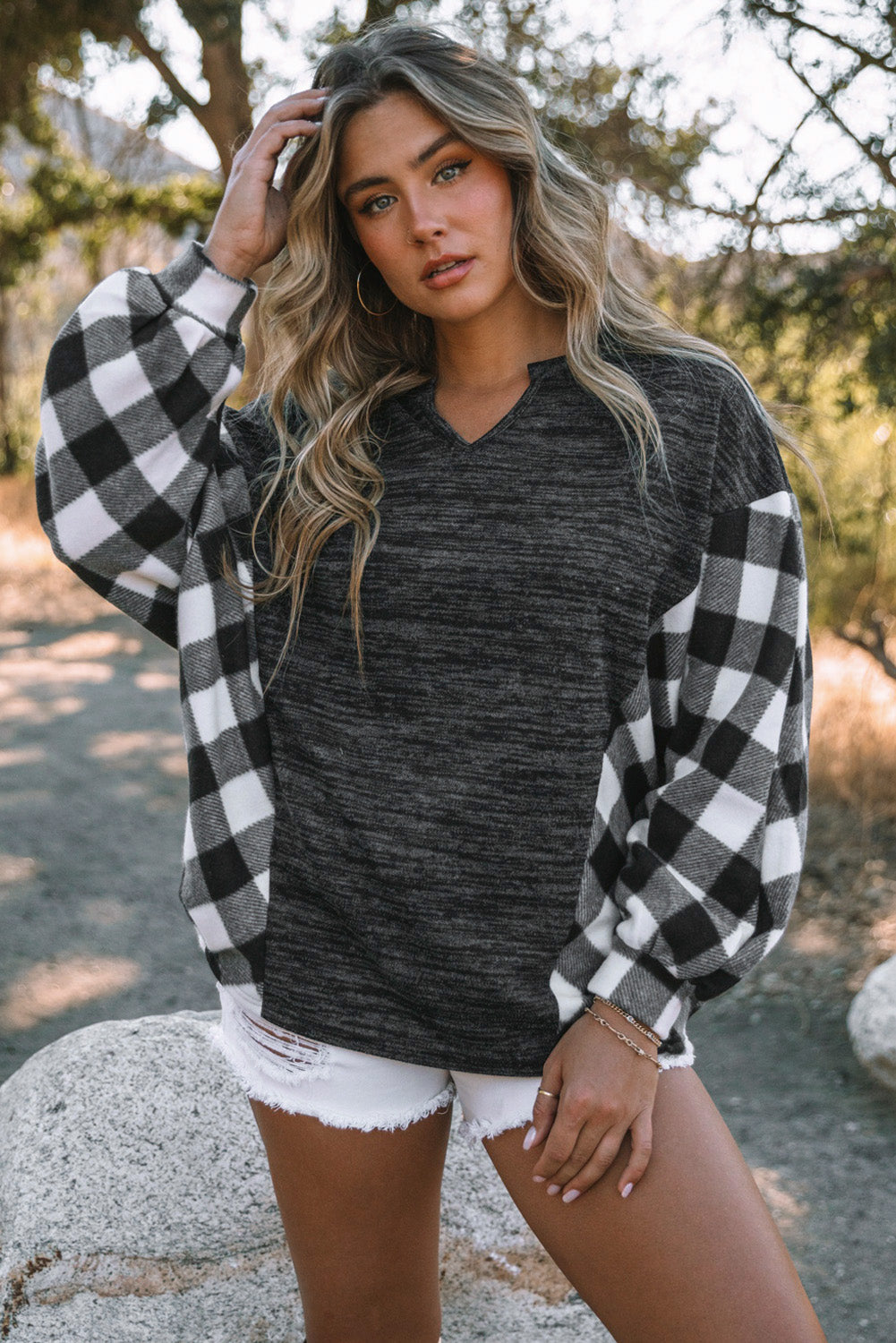 Black Buffalo Plaid Splicing Split Neck Knit Top