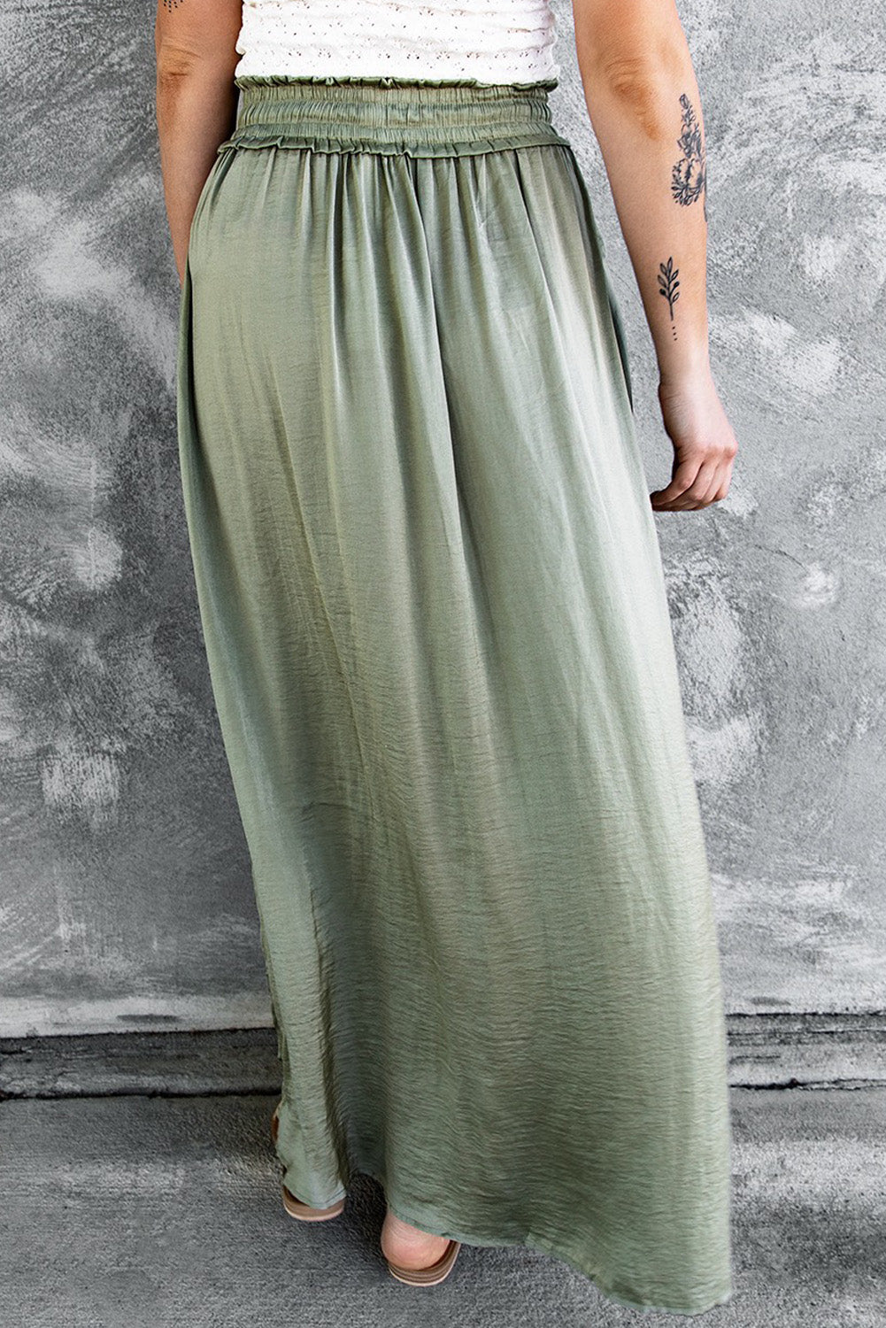 Green Adjustable Drawstring Smocked Waist Maxi Skirt