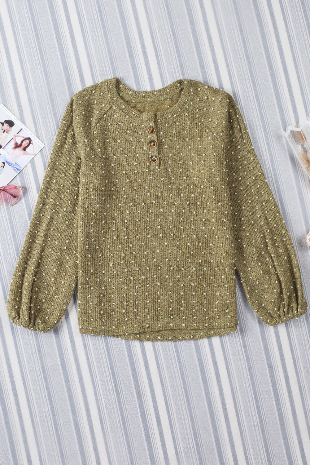 Apricot Swiss Dot Raglan Sleeves Knit Top