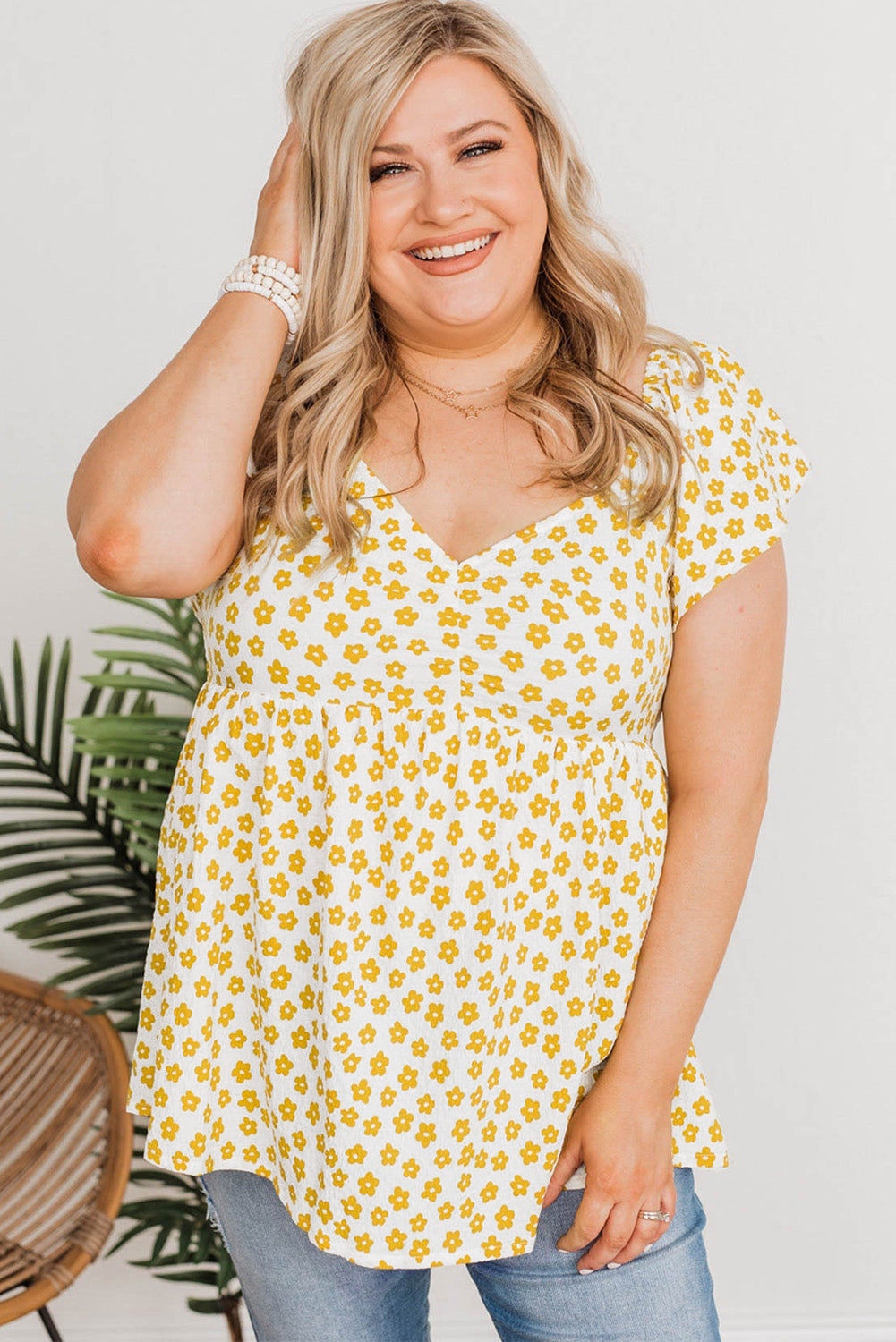 Yellow Plus Size Floral Babydoll Top