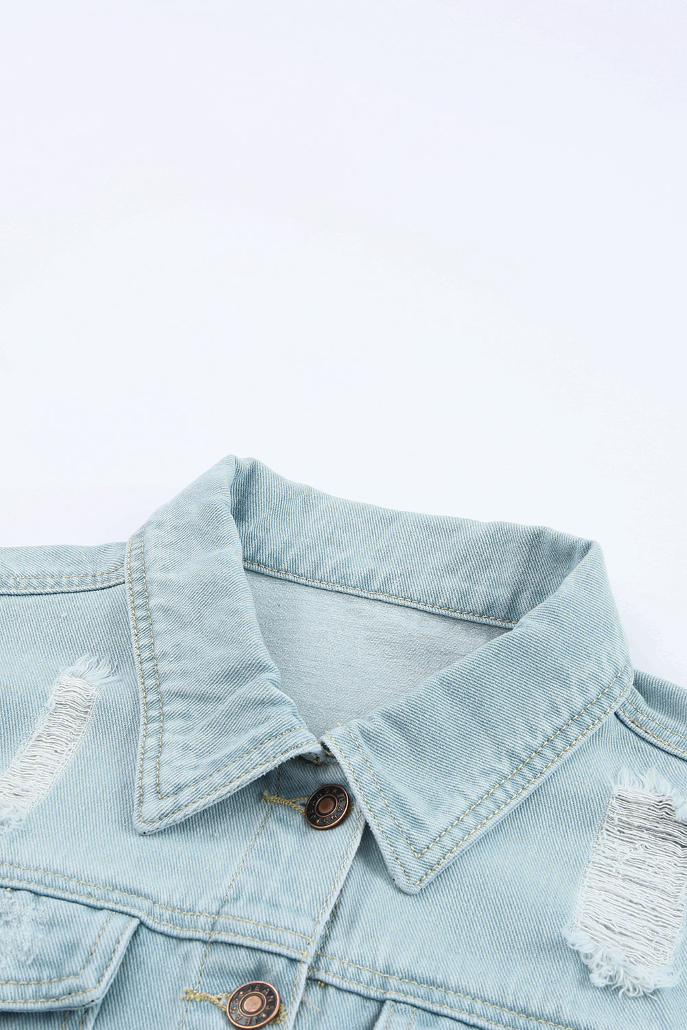 Sky Blue Light Wash Pocketed Distressed Denim Jackets