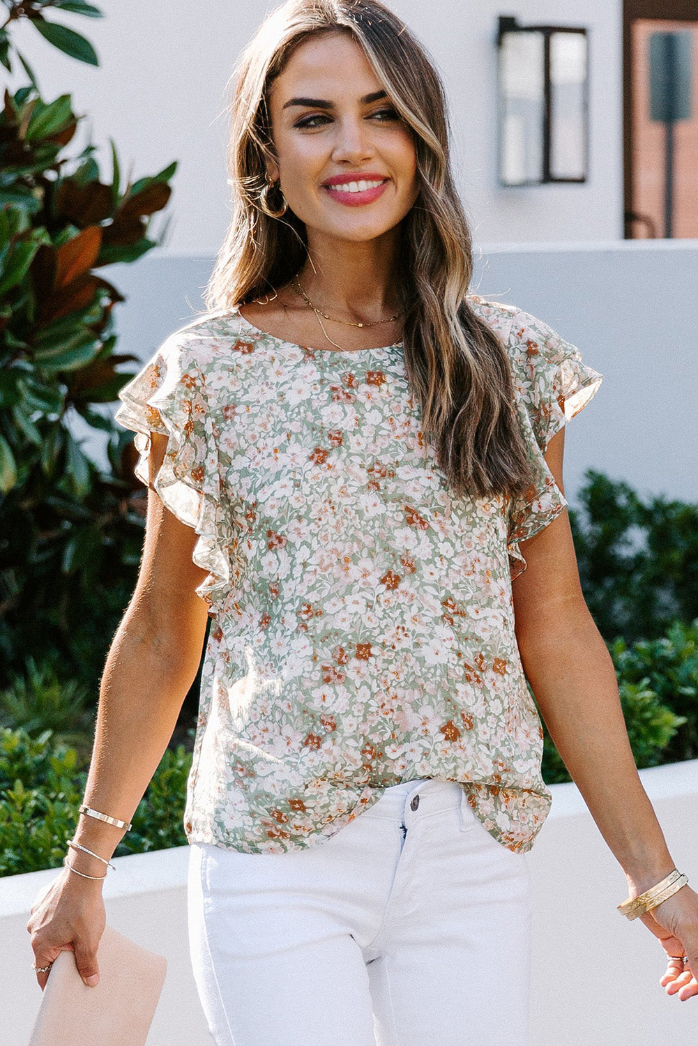 Green Floral Ruffle Short Sleeve Tee